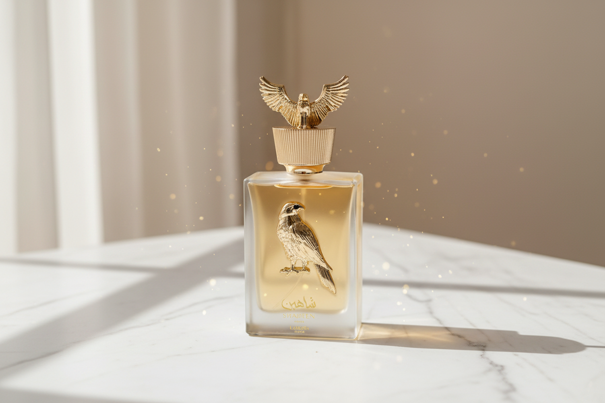 Shaheen Gold Lattafa profumo orientale su marmo bianco illuminazione naturale luxury fragrance