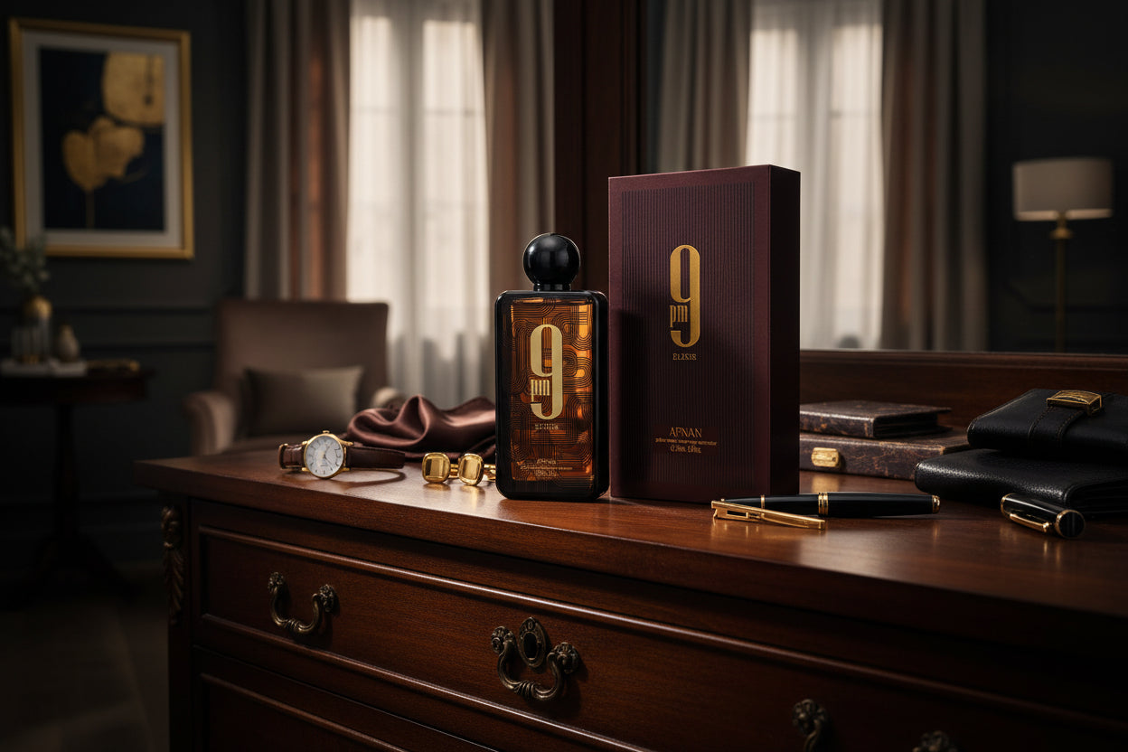 9 PM Elixir Afnan EDP 100ml - Dettaglio Bottiglia Profumo Elegante Intenso