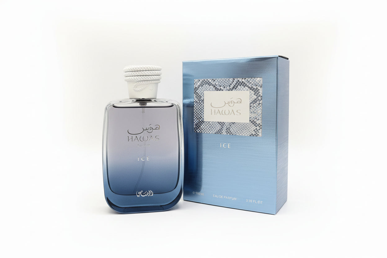 Hawas Ice For Him Rasasi EDP 100ml - Dettaglio Bottiglia Profumo Fresco Ice