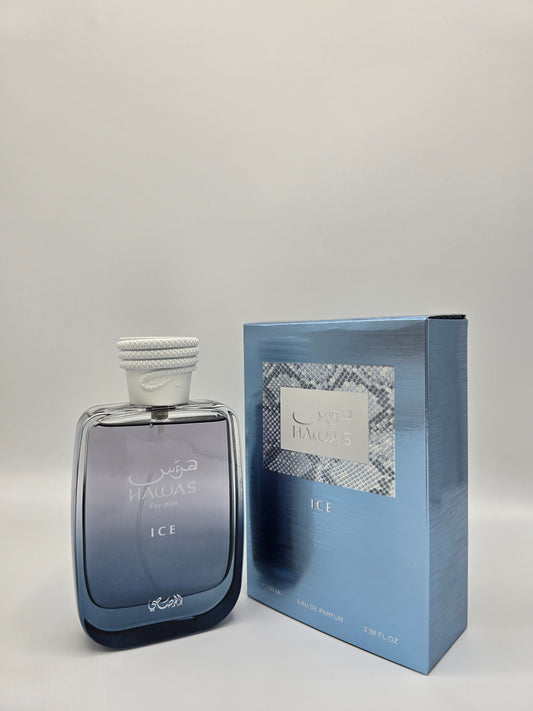 Hawas Ice For Him Rasasi EDP 100ml - Dettaglio Bottiglia Profumo Fresco Ice