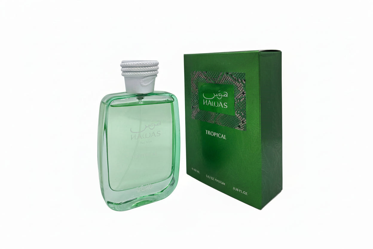 Hawas Tropical For Him Rasasi EDP 100ml - Dettaglio Bottiglia Profumo Fresco Tropicale