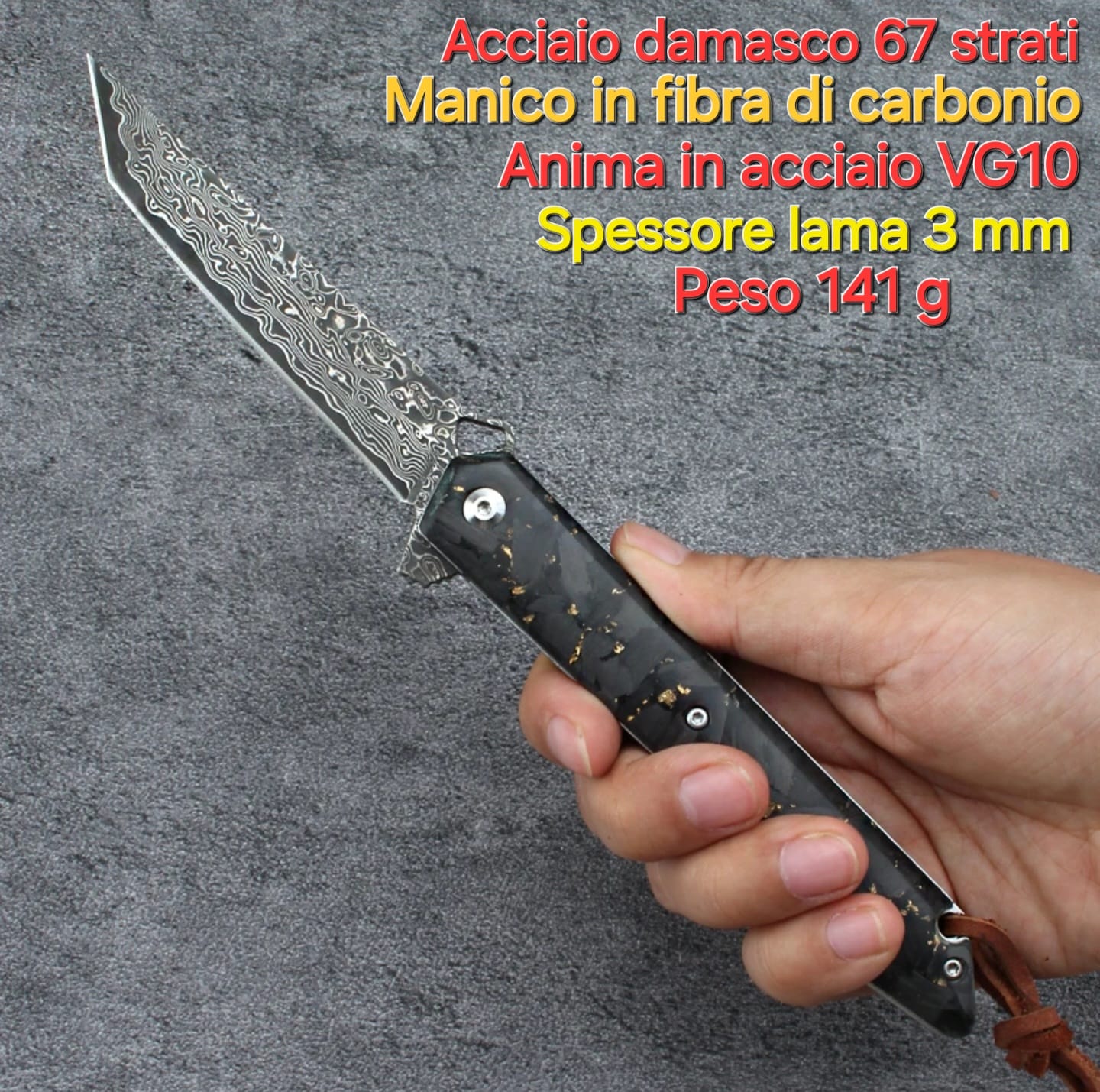 Coltello in acciaio damasco a 67 strati con anima in acciaio VG10, Coltello con manico in fibra di carbonio