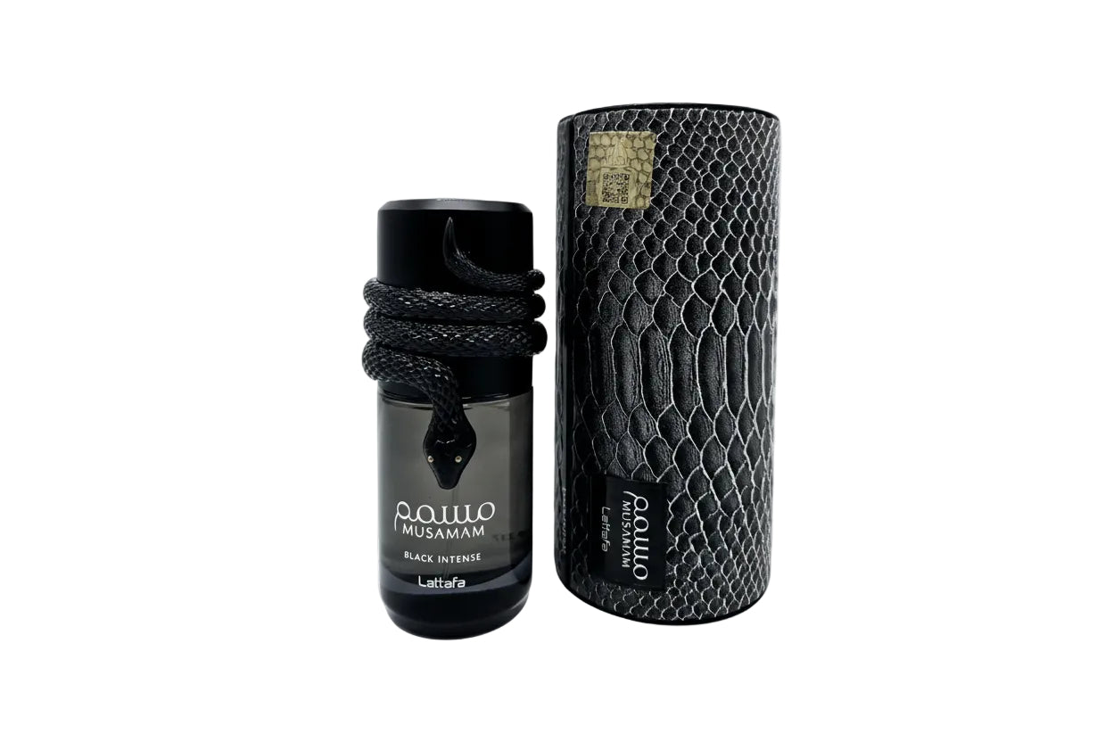 Musamam Black Intense Lattafa EDP 100ml - Dettaglio Bottiglia Profumo Elegante Intenso
