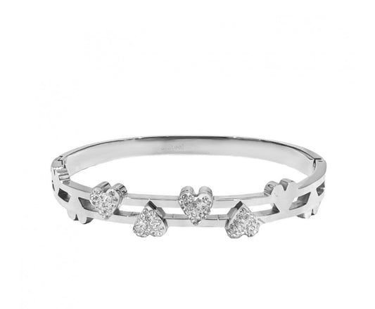 Bracciale rigido in acciaio inox con cuori e strass, elegante, confezione inclusa