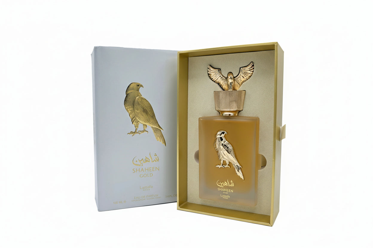 Dettaglio confezione Shaheen Gold Lattafa fragranza orientale speziata e floreale
