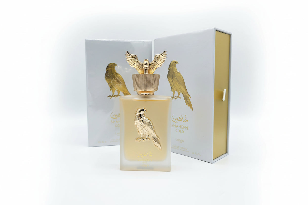 Shaheen Gold Lattafa 100ml profumo di nicchia vista laterale bottiglia dorata
