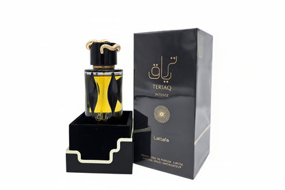 Dettaglio confezione Teriaq Intense Lattafa fragranza orientale speziata e legnosa
