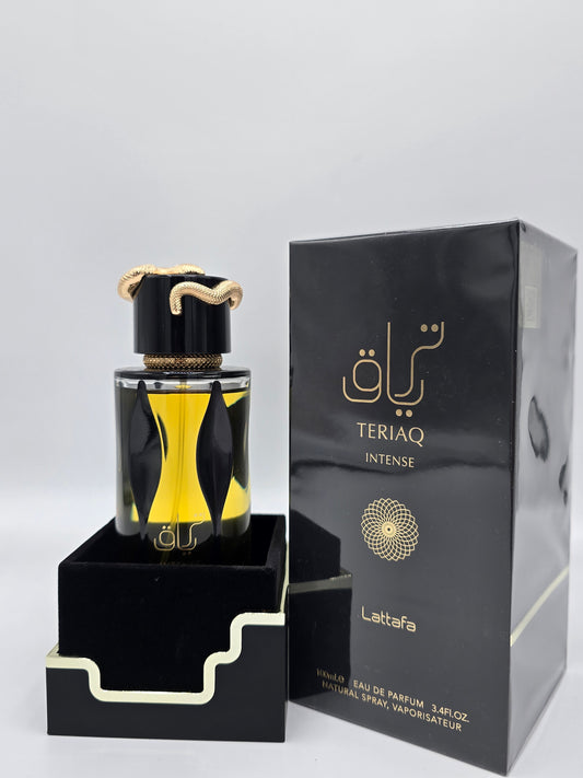 Dettaglio confezione Teriaq Intense Lattafa fragranza orientale speziata e legnosa
