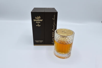 Dettaglio flacone Zimaya Sharaf Divine Extrait de Parfumes 100ml - design geometrico dorato, profumo orientale unisex di nicchia