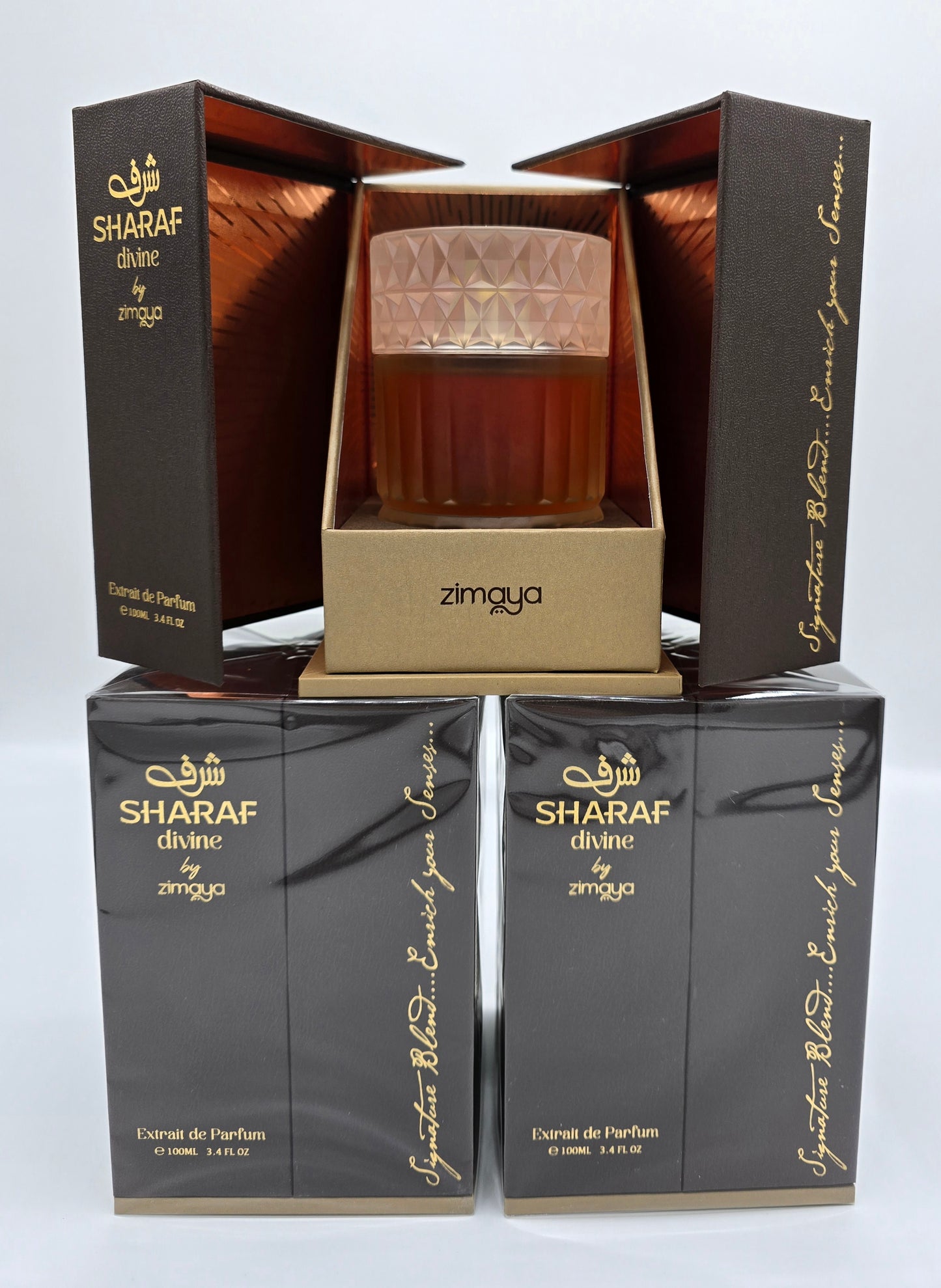 Confezione Lussuosa Zimaya Sharaf Divine Extrait de Parufmes 100ml - Fragranza orientale unisex di nicchia, elegante packaging dorato