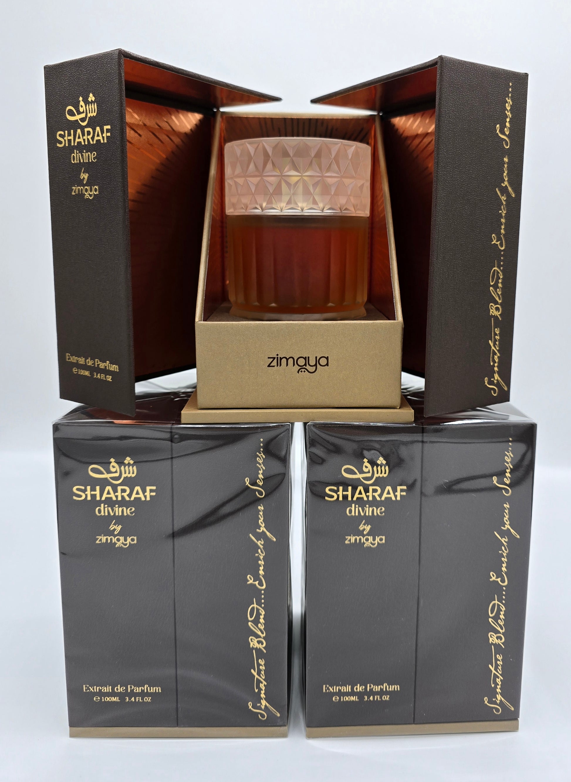Confezione Lussuosa Zimaya Sharaf Divine Extrait de Parufmes 100ml - Fragranza orientale unisex di nicchia, elegante packaging dorato