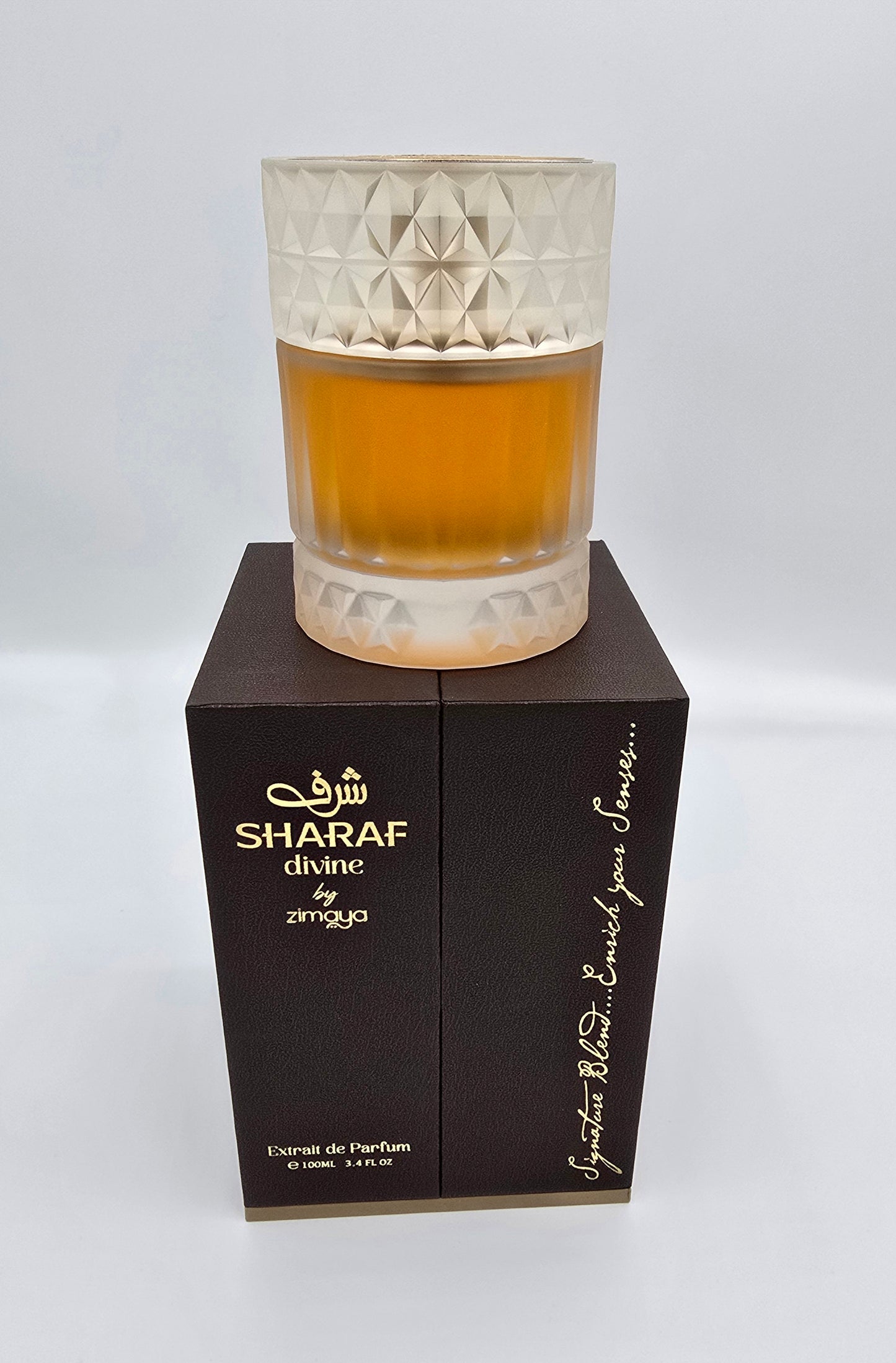 Zimaya Sharaf Divine Extrait de Parfumes 100 ml - Profumo orientale unisex di nicchia in elegante flacone dorato, fragranza persistente e raffinata