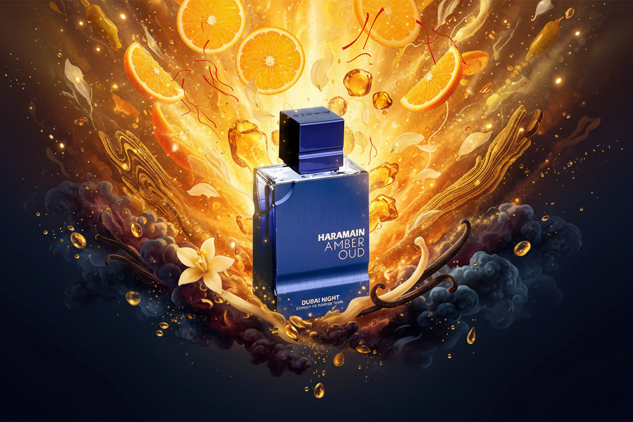 Al Haramain Amber Oud Dubai Night profumo note muschio vaniglia resine persistente
