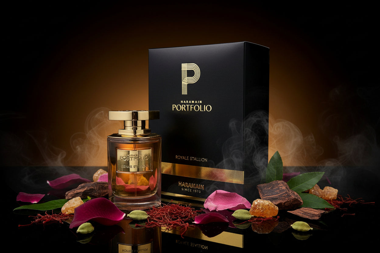 Dettaglio bottiglia Al Haramain Stallion profumo oud zafferano rosa patchouli
