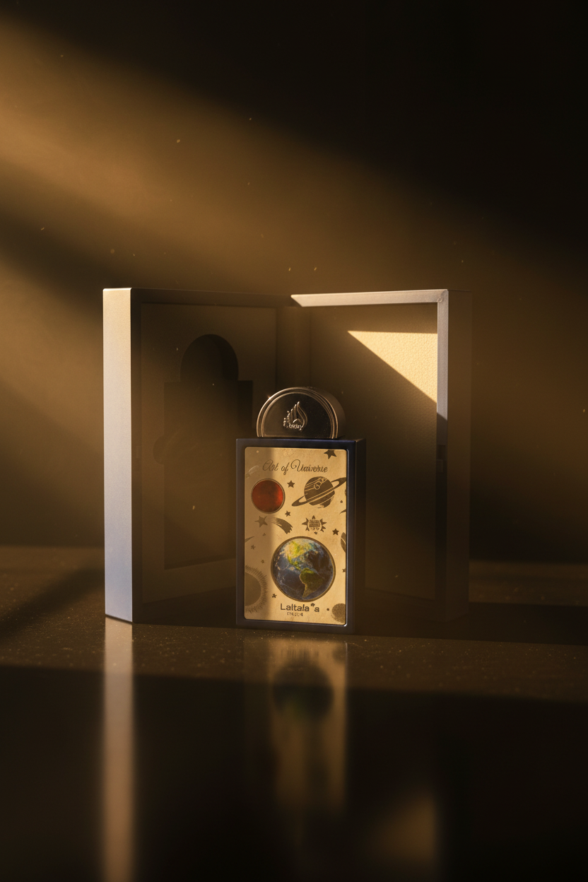 Lattafa Art of Universe artistic photography light reflections golden hour luxury
