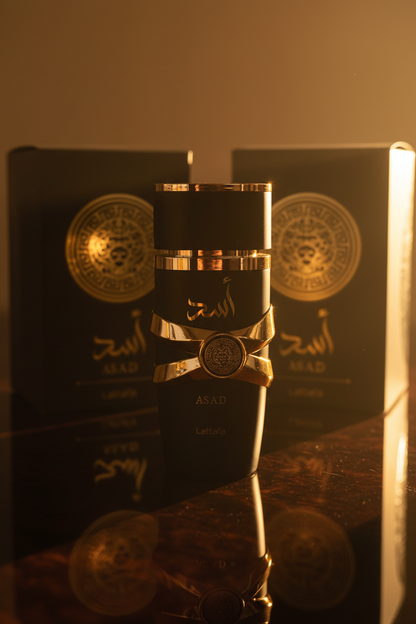 Lattafa Asad artistic photography light reflections golden hour luxury amber
