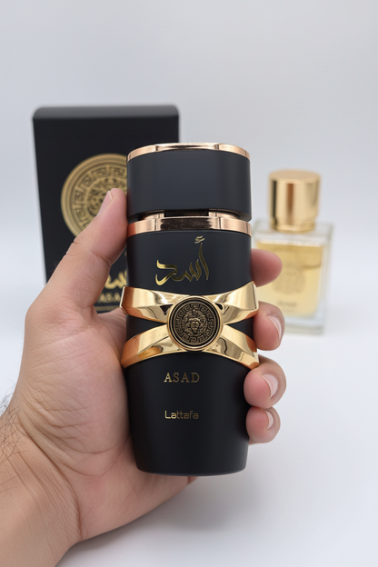 Lattafa Asad 100ml dimensioni formato eau de parfum mano confronto
