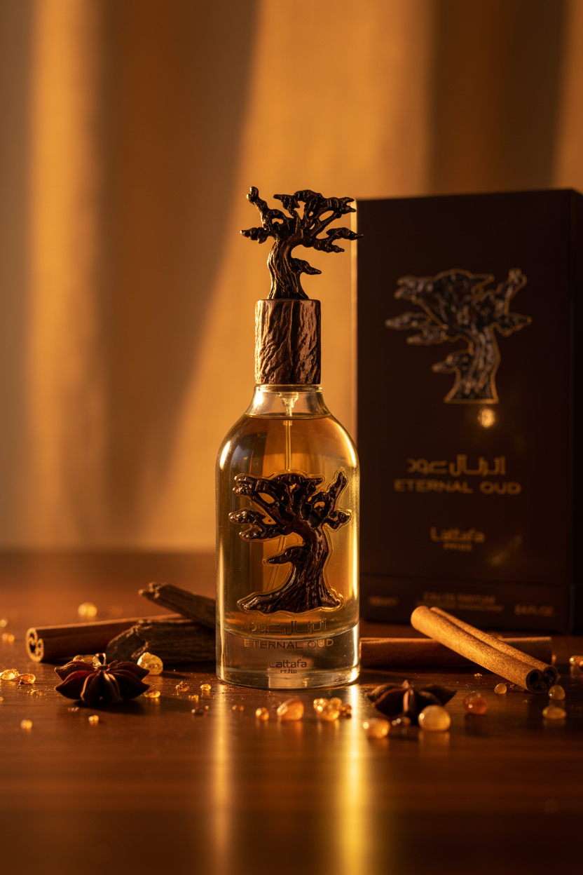 Lattafa Eternal Oud artistic photography light golden hour luxury amber oud