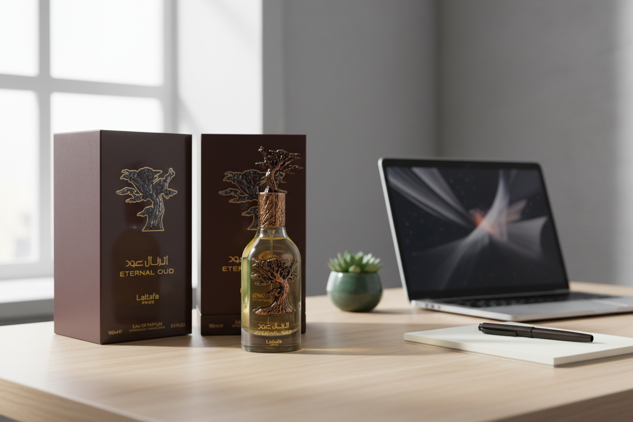 Lattafa Eternal Oud lifestyle desk contemporaneo profumo unisex moderno