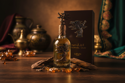 Lattafa Eternal Oud lifestyle legno oud ambra atmosfera orientale sofisticata