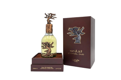 Eternal Oud Lattafa 100ml profumo orientale unisex vista laterale bottiglia elegante
