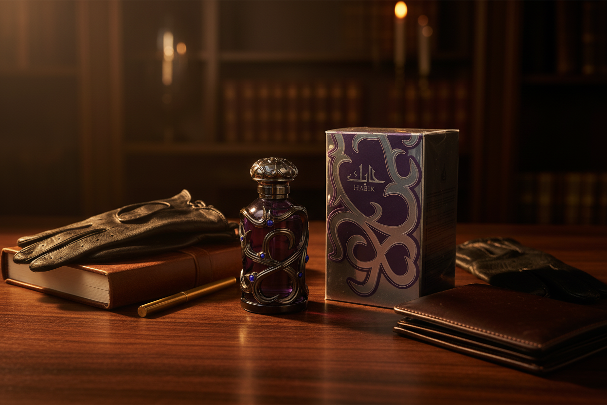 Lattafa Habik Man lifestyle legno scuro pelle atmosfera maschile sofisticata elegante