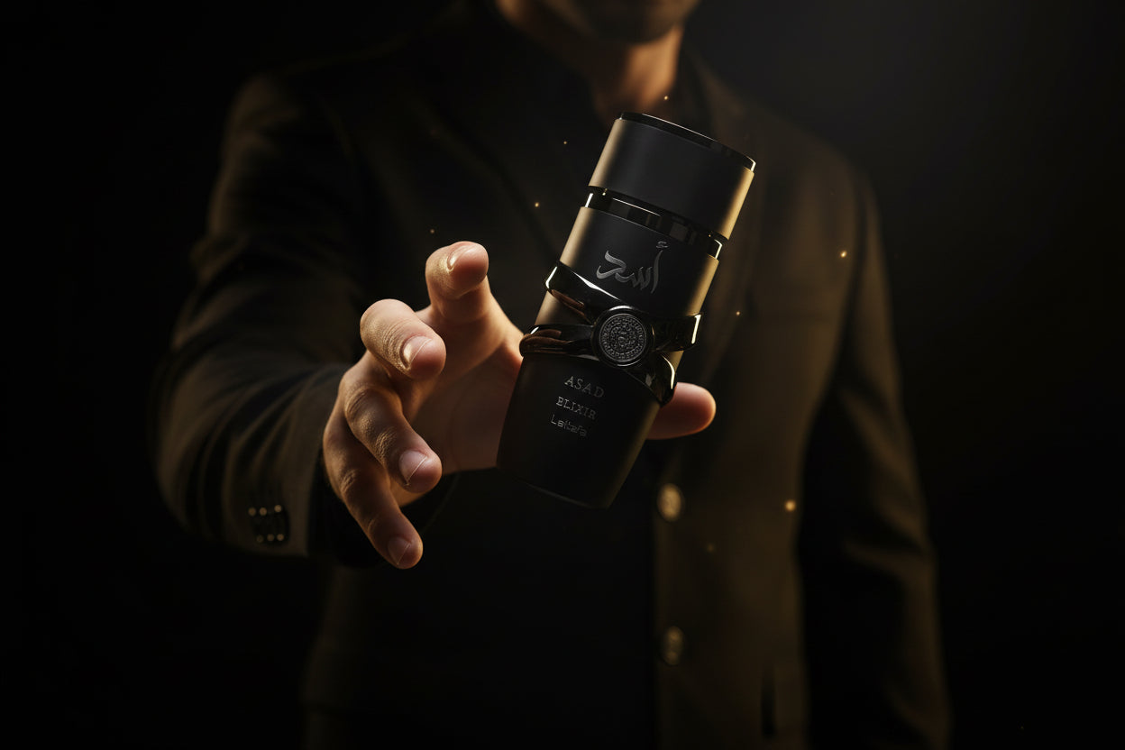 Lattafa Asad Elixir profumo orientale speziato intenso note ambra muschio luxury
