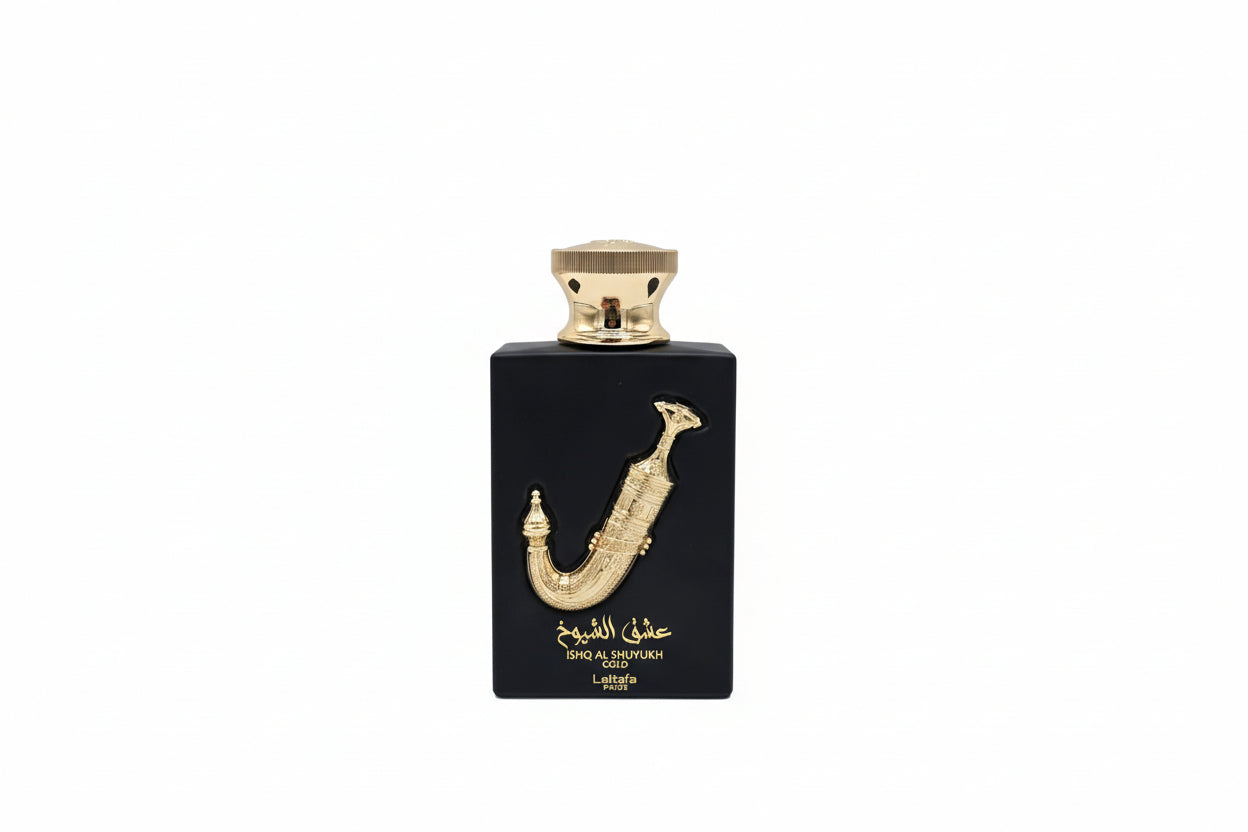 Dettaglio bottiglia Lattafa Ishq Al Shuyukh Gold profumo cuoio vaniglia ambra
