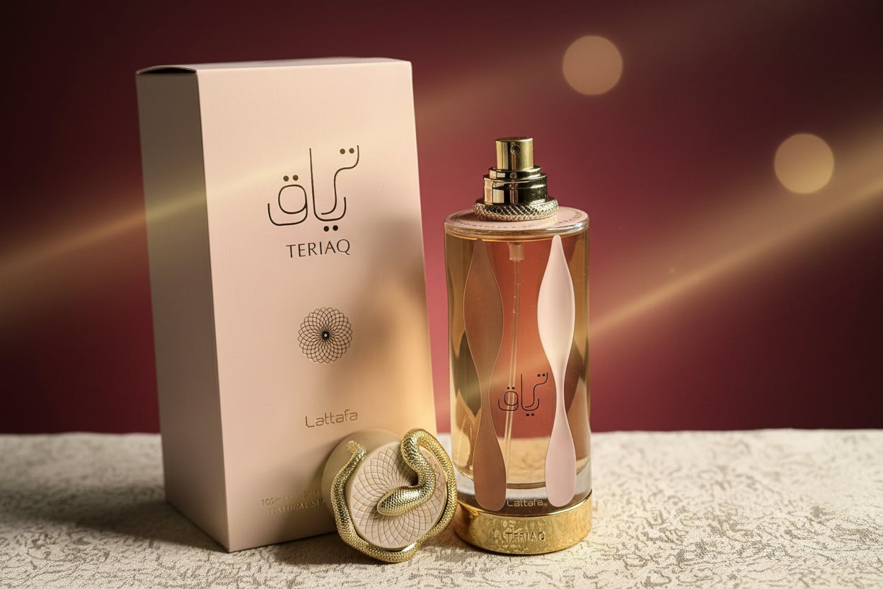 Dettaglio bottiglia Lattafa Teriaq profumo caramello salato pepe rosa zafferano cuoio
