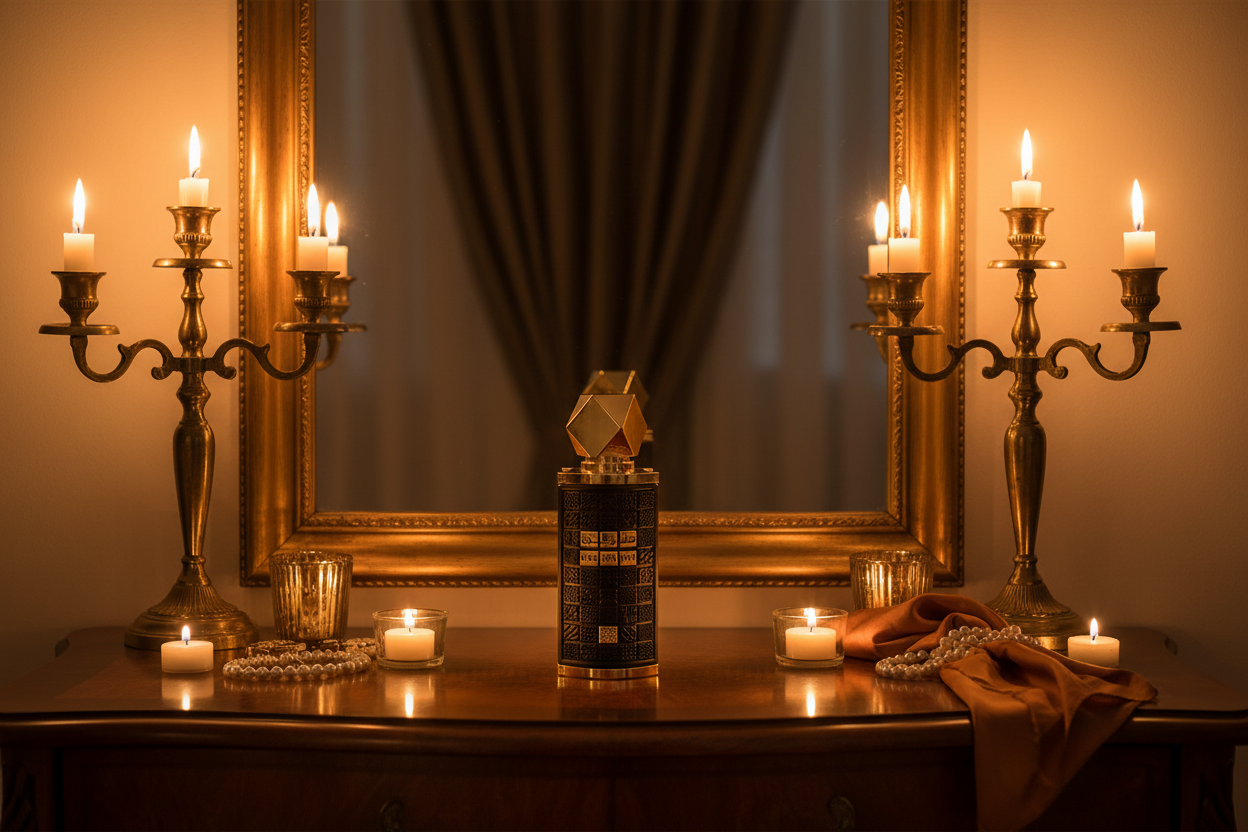 Mashrabya Lattafa lifestyle vanity table candlelight elegante profumo orientale sera
