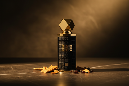 Mashrabya Lattafa profumo orientale su marmo scuro illuminazione dorata luxury fragrance