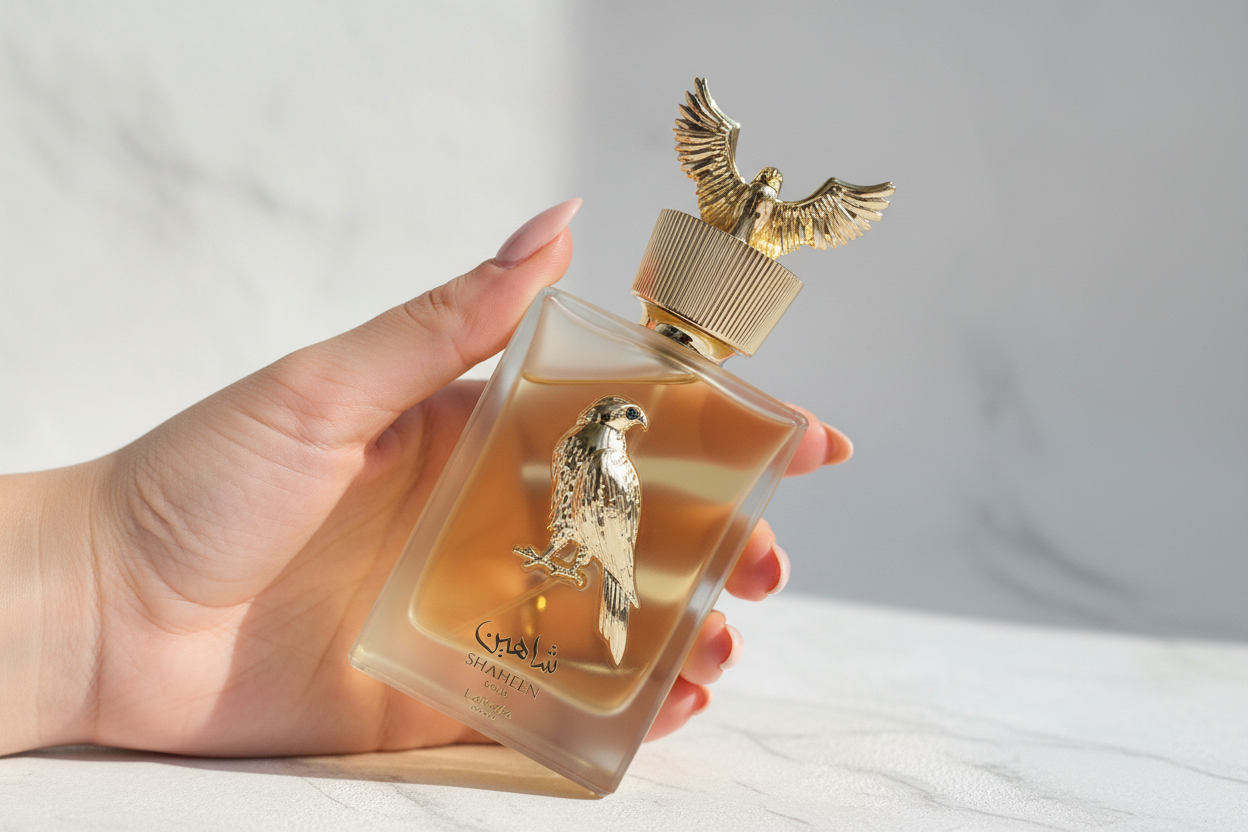 Shaheen Gold Lattafa 100ml dimensioni formato eau de parfum mano confronto
