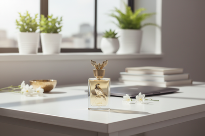 Shaheen Gold Lattafa lifestyle desk moderno luce naturale profumo orientale fresco
