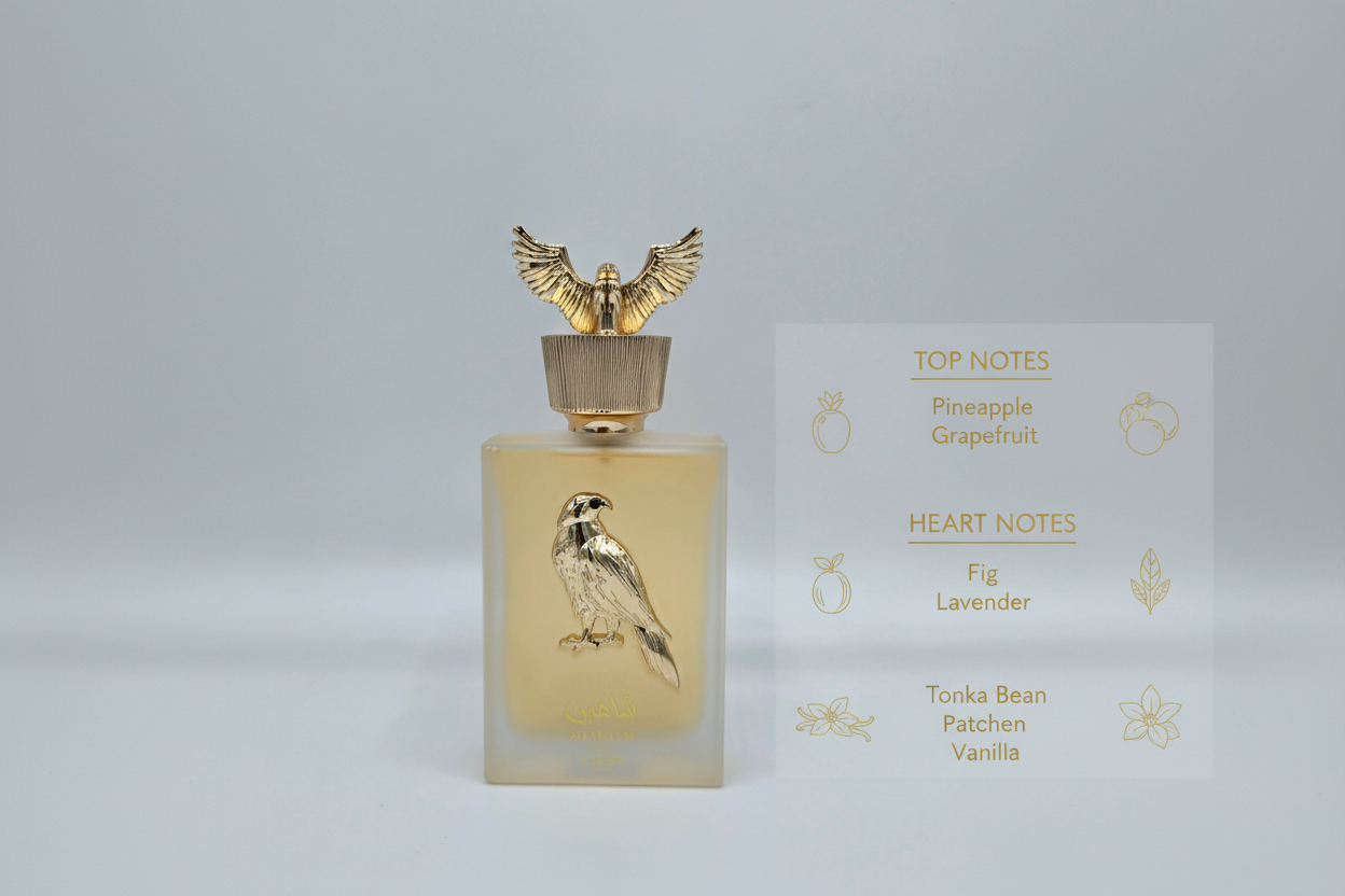 Shaheen Gold Lattafa note olfattive ananas pompelmo fico lavanda tonka patchouli vaniglia
