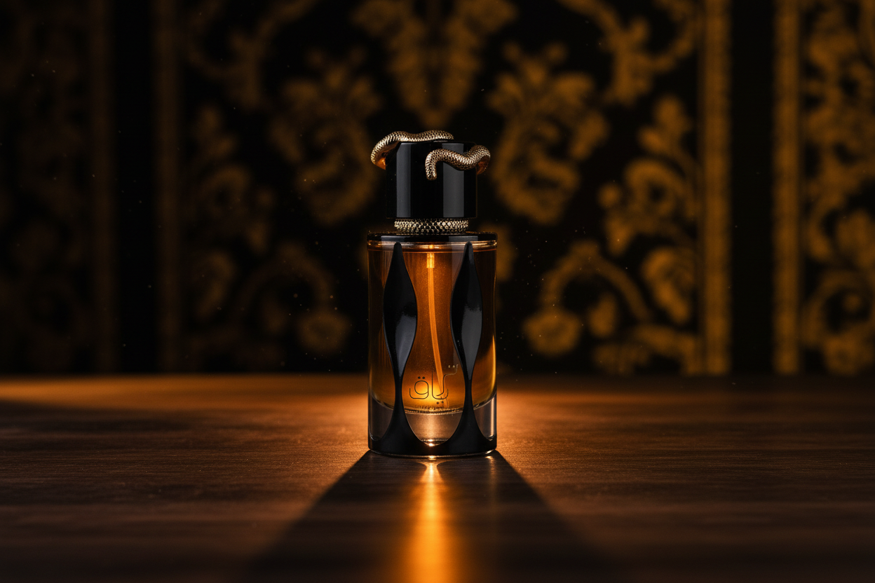 Teriaq Intense Lattafa profumo orientale su legno scuro illuminazione ambrata luxury fragrance
