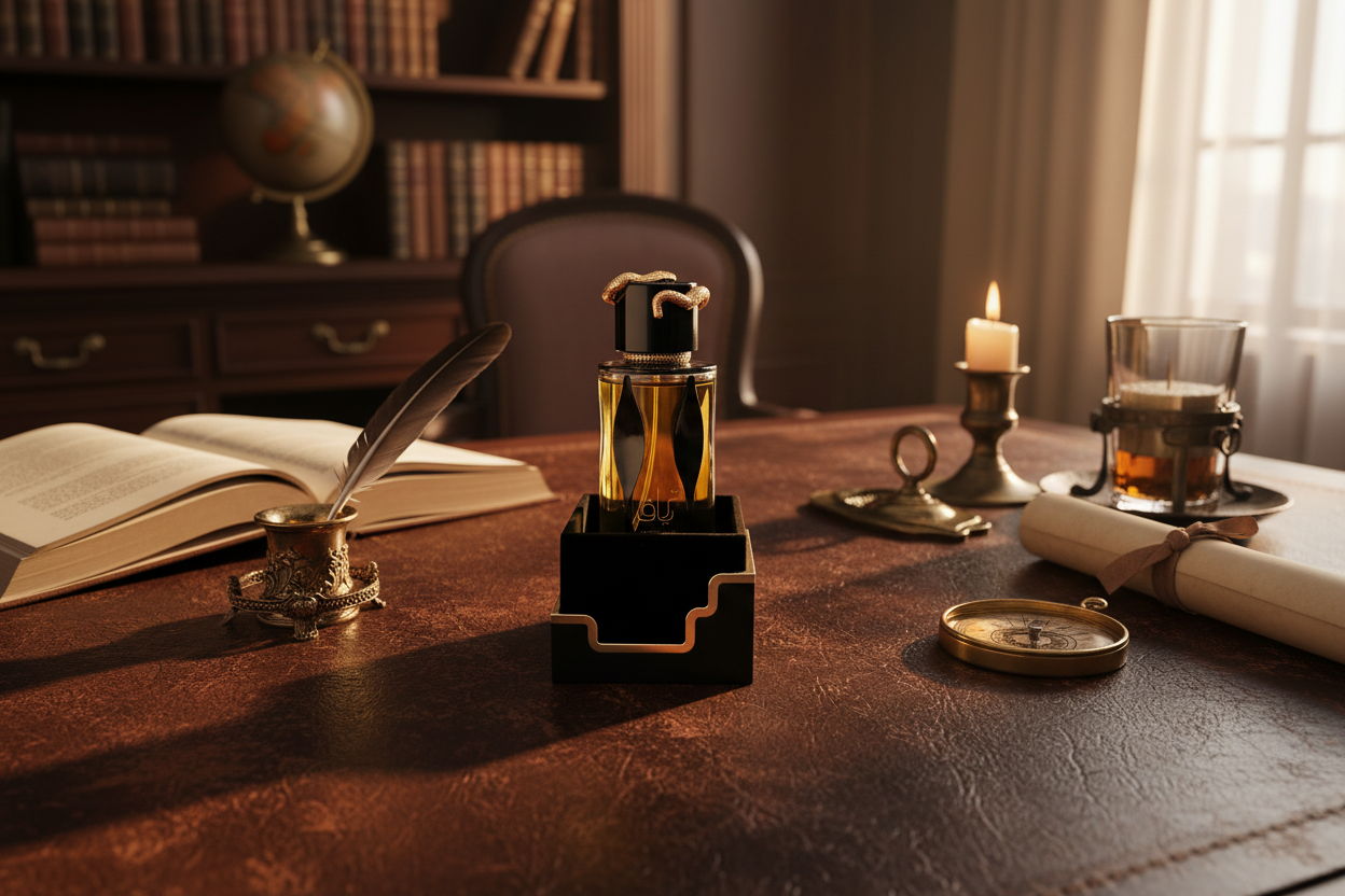 Teriaq Intense Lattafa lifestyle leather desk elegante profumo orientale sera
