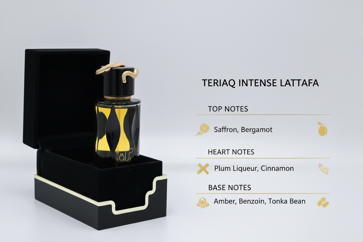 Teriaq Intense Lattafa note olfattive zafferano bergamotto prugna cannella ambra benzoino tonka
