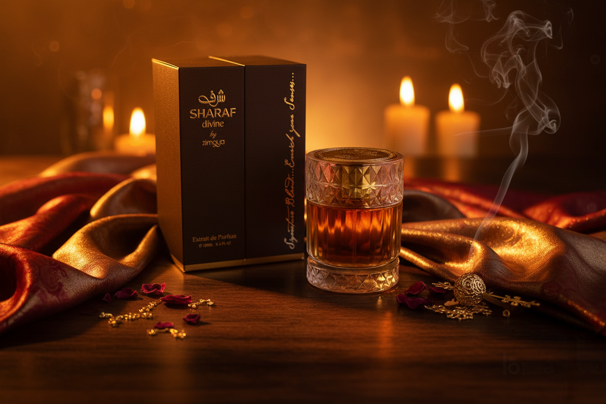 Zimaya Sharaf Divine profumo orientale lifestyle legno scuro seta atmosfera calda
